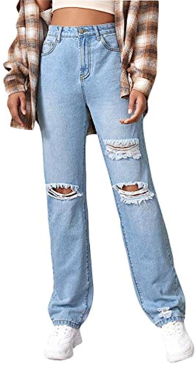 SweatyRocks Women's Ripped Straight Leg Jeans High Waist Distressed Cutout Denim Pants