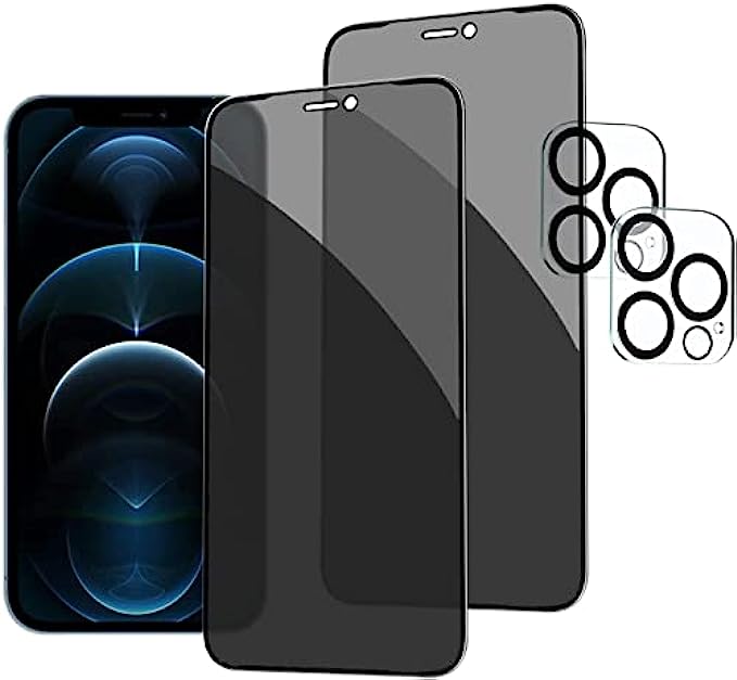HXL [2+2 Pack] iPhone 12 Pro Max Privacy Screen Protector with Camera Lens Protector Full Coverage Anti-Spy Tempered Glass Film 9H Hardness Upgrade Edge Protection Easy Installation Bubble Free