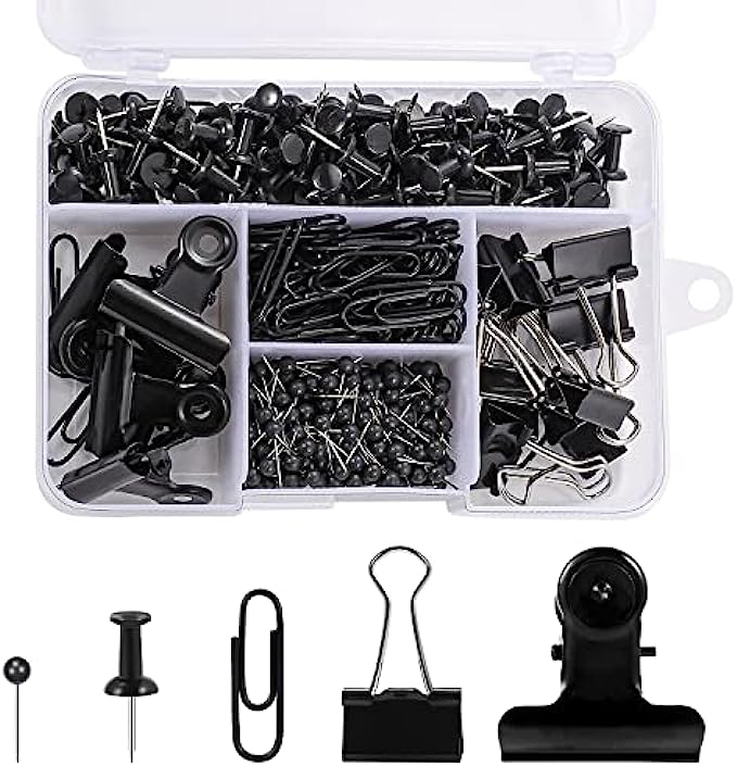 500 Pcs Black Push Pins Set, Push Pins Binder Clips Paper Clips Map Tacks Sets Decorative Push Pins for Cork Board 5 Style Black Office Supplies for School and Home (Black)
