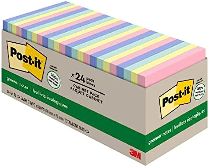 Post-it Greener Notes, 3x3 in, 24 Pads, America's #1 Favorite Sticky Notes, Sweet Sprinkles Collection, Pastel Colors, Clean Removal, 100% Recycled Material (654R-24CP-AP)