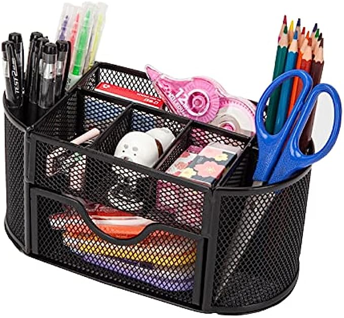Mesh Pen Holder, Desk Organizer for Desk Pencil Holder with 8 Compartments and 1 Drawer Desk Supplies for Office Home 1 PC