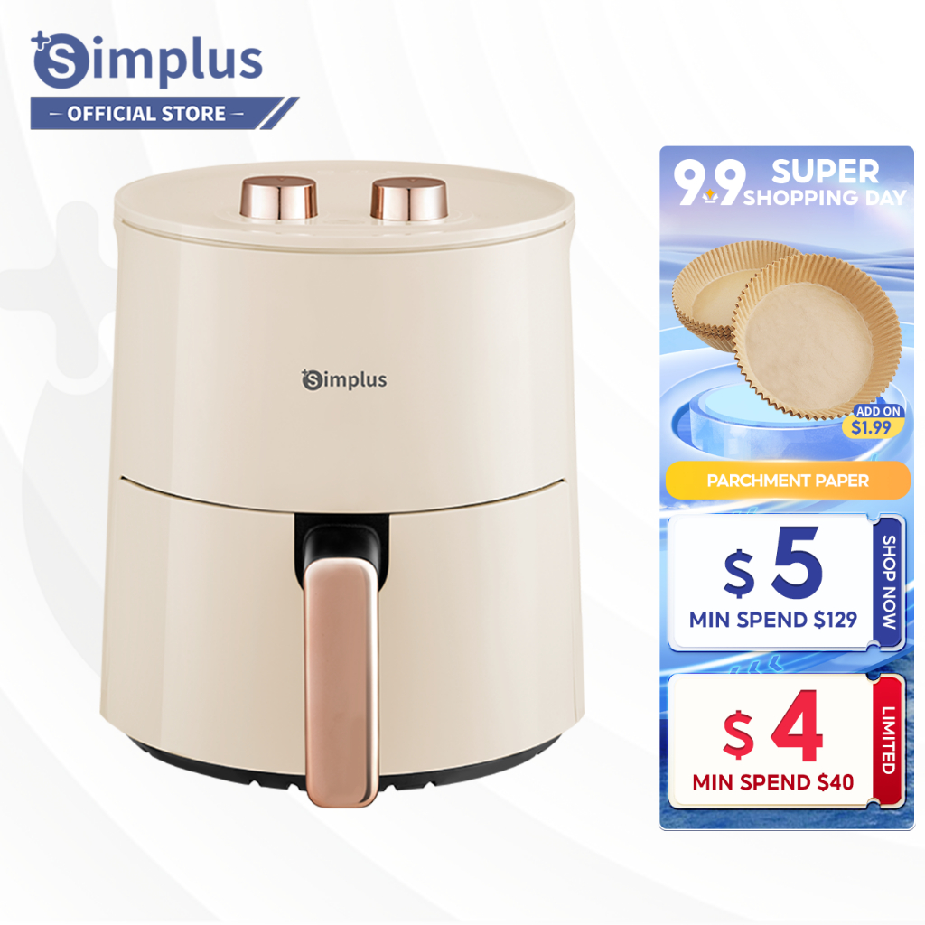 Simplus Air Fryer 4L Mini Knob Control 1300W 30min Preset Timer 80-200℃ Temperature Control